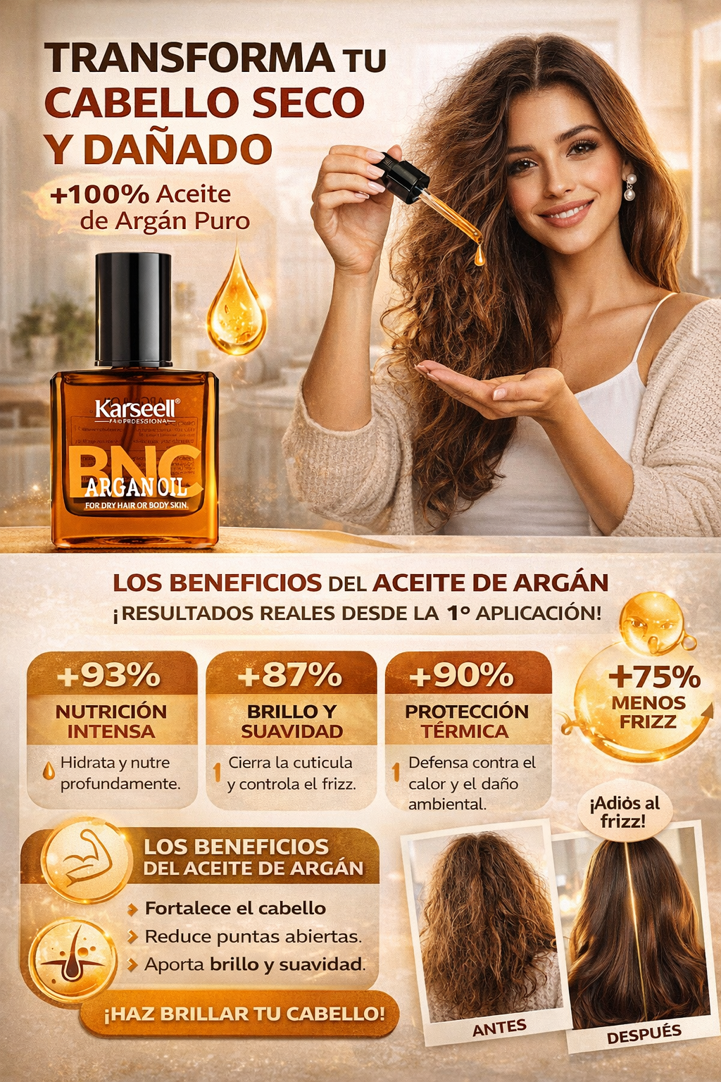 SERUM CAPILAR KARSEELL:  Brillo espejo todo el día sin frizz